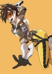  1girl :d ass bodysuit bomber_jacket brown_hair brown_jacket eyelashes gloves goggles harness hirakata_masahiro jacket knee_up leather leather_jacket leg_lift leg_up looking_at_viewer open_hand open_mouth orange_bodysuit overwatch short_hair simple_background smile solo spiked_hair teeth tracer_(overwatch) 