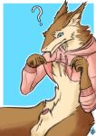  ? animal_genitalia balls blue_eyes brown_fur fur male meme penis penis_tip sergal sheath simple_background the_gentle_giant twitter_hoodie 