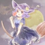  acerola_(pokemon) armlet broom broom_riding candy commentary_request dress elite_four food happy_halloween hat lollipop open_mouth pokemon pokemon_(game) pokemon_sm purple_eyes purple_hair short_hair solo stitches trial_captain twitter_username witch_hat yomogi_(black-elf) 