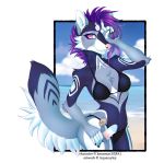  2017 5_fingers anthro bikini breasts canine clothed clothing digital_media_(artwork) female fur grey_fur hair holding_object mammal midriff navel pink_nose purple_fur purple_hair rayley smile solo standing swimsuit thin_waist 
