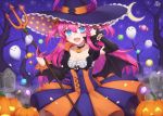  :d bare_tree black_choker black_wings blue_eyes bow breasts candy_wrapper choker cleavage collarbone commentary_request crescent_moon curled_horns dragon_horns dress elizabeth_bathory_(fate)_(all) elizabeth_bathory_(halloween)_(fate) fang fate/grand_order fate_(series) ghost hair_bow hat highres holding horns horns_through_headwear jack-o'-lantern long_hair low_wings moon night night_sky open_mouth orange_bow outdoors pink_hair pleated_dress polearm polka_dot pong_(vndn124) purple_hat sky small_breasts smile solo star star_(sky) star_print starry_moon starry_sky striped tombstone tree trident two_side_up v_over_eye vertical-striped_dress vertical_stripes very_long_hair weapon wings witch_hat 