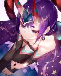  bangs barefoot black_legwear closed_mouth commentary_request detached_sleeves earrings fate/grand_order fate_(series) flat_chest from_above headpiece highres horns jewelry knee_up machimura_komori oni_horns purple_eyes purple_hair short_hair shuten_douji_(fate/grand_order) shuten_douji_(halloween)_(fate) simple_background sitting smile solo star star_print thick_eyebrows thighhighs toeless_legwear white_background 
