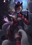  ahri armor bodysuit breasts cyberpunk fox_tail highres large_breasts league_of_legends mouge_xintiao multiple_tails orange_eyes project:_ahri solo tail thighhighs 
