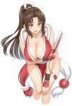  blush breast_hold breasts brown_eyes brown_hair collarbone covered_nipples fan fatal_fury folding_fan hair_ornament hand_on_own_knee high_ponytail highres japanese_clothes large_breasts leaning_forward long_hair looking_at_viewer nora_shinji open_mouth pelvic_curtain ponytail revealing_clothes shiranui_mai simple_background solo the_king_of_fighters white_background 