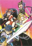  2girls 90s arms_up arrow black_hair blonde_hair blue_eyes bow_(weapon) drawing_bow fingerless_gloves gloves hat headgear helmet holding holding_arrow holding_bow_(weapon) holding_sword holding_weapon horned_helmet kouryuu_densetsu_villgust long_hair long_sleeves looking_at_viewer multiple_boys multiple_girls official_art open_mouth pauldrons quiver red_eyes short_hair sword two-handed weapon 