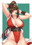  arm_guards armpits arms_behind_head bare_shoulders blush breasts breath brown_eyes brown_hair cleavage commentary_request covered_nipples curvy fatal_fury hakai_shin high_ponytail huge_breasts japanese_clothes looking_at_viewer ninja obi parted_lips pelvic_curtain ponytail revealing_clothes rope sash shiranui_mai sideboob sidelocks sitting smile sweat the_king_of_fighters thighs 