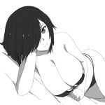  bed black_hair breasts cleavage greyscale hair_over_one_eye hand_on_own_cheek huge_breasts looking_at_viewer lying monochrome nao_(ritsancrossover) on_side original pai-chan_(nao) short_hair simple_background smile solo underwear underwear_only white_background 