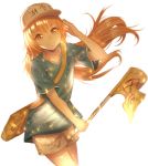  absurdres blonde_hair blue_shirt brown_eyes character_name collarbone eyebrows_visible_through_hair fhilippedu flag floating_hair hat hataraku_saibou highres holding holding_flag long_hair looking_at_viewer platelet_(hataraku_saibou) shiny shiny_hair shirt short_shorts short_sleeves shorts simple_background smile solo standing very_long_hair white_background white_hat white_shorts 