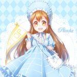  :d argyle argyle_background blue_dress blue_ribbon brown_eyes brown_hair catbell413 character_name dress flag hair_between_eyes hataraku_saibou headdress holding holding_flag long_hair looking_at_viewer open_mouth platelet_(hataraku_saibou) ribbon shiny shiny_hair short_sleeves smile solo standing striped striped_ribbon very_long_hair 