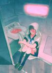  bathroom bed_sheet black_hair blue_eyes commentary crossed_arms highres liquid loafers long_hair looking_at_viewer looking_up no.734 on_floor original school_uniform serafuku shoes sink sitting solo sunset texture train_interior window 