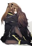  boots brown_hair commentary_request girls_frontline hair_ornament hair_ribbon hairclip hug monokuro_(sekahate) multiple_girls pantyhose ribbon scar scar_across_eye siblings sisters skirt twins twintails ump45_(girls_frontline) ump9_(girls_frontline) 