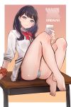  bare_legs barefoot black_hair blue_eyes bow bowtie cardigan cellphone closed_mouth copyright_name eyebrows_visible_through_hair highres holding holding_phone legs long_hair looking_at_viewer panties phone red_neckwear renzu_(lens_02) sitting sitting_on_table solo ssss.gridman table takarada_rikka thighs underwear white_cardigan 