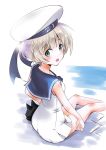  absurdres blue_eyes clothes_writing dress from_behind hat highres kantai_collection looking_at_viewer looking_back open_mouth sailor_dress sailor_hat short_hair silver_hair sitting sleeveless smile solo taisinkoku white_dress white_hat z1_leberecht_maass_(kantai_collection) 
