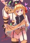  2018 :q ahoge alternate_costume artist_name ass black_footwear blonde_hair blush boots clothes_writing commentary corset crystal eyebrows_visible_through_hair fake_horns flandre_scarlet garter_straps hair_between_eyes hair_ribbon hairband halloween hand_on_hip heart high_heel_boots high_heels horns knee_boots long_hair looking_at_viewer multiple_views no_pants orange_panties orange_skirt panties panties_over_garter_belt red_eyes red_hairband red_ribbon ribbon sidelocks simple_background skirt skirt_lift smile striped striped_legwear sushoyushi thighhighs tongue tongue_out touhou twintails underwear v-shaped_eyebrows wings 