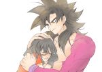  1boy 1girl black_gloves black_hair blush crying dragon_ball dragon_ball_gt eyebrows_visible_through_hair eyes_closed fingerless_gloves fingernails gloves grandfather_and_granddaughter hand_on_another&#039;s_head hug libeuo_(liveolivel) light_smile looking_at_another open_mouth pan_(dragon_ball) petting short_hair simple_background smile son_gokuu spiked_hair super_saiyan_4 tears teeth upper_body white_background wristband yellow_eyes 
