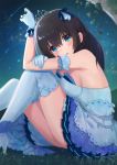  armpits azuki_yui bangs bare_shoulders black_hair blue_dress blue_gloves blue_legwear blue_ribbon bracelet breast_press breasts commentary_request dress eyebrows_visible_through_hair feet_out_of_frame from_side glint gloves hair_between_eyes hair_ribbon hand_on_own_arm high_heels idolmaster idolmaster_cinderella_girls ivy jewelry knees_up layered_dress long_hair looking_at_viewer looking_to_the_side medium_breasts night night_sky on_grass outdoors panties pearl_bracelet pleated_dress ribbon ring sagisawa_fumika sideboob sitting sky smile solo star_(sky) starry_sky starry_sky_bright strapless strapless_dress thighhighs tiara tree underwear 