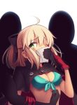  absurdres ahoge aqua_bikini_top black_bow black_capelet blonde_hair bow breasts capelet cleavage eyebrows_visible_through_hair fate/grand_order fate_(series) front-tie_bikini front-tie_top gloves green_eyes hair_bow highres kaddo kidnapping long_hair okita_souji_(fate) okita_souji_(fate)_(all) one_eye_closed ponytail red_gloves sleeveless white_background 