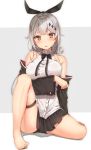  arm_support arm_under_breasts bangs bare_shoulders barefoot black_neckwear blouse blush bow bowtie breasts brown_eyes cleavage closed_mouth commentary eyebrows_visible_through_hair five-seven_(girls_frontline) girls_frontline hair_between_eyes hair_ornament hair_ribbon highres jacket jewelry large_breasts long_hair looking_at_viewer off_shoulder open_mouth pleated_skirt ponytail reinama ribbon sidelocks silver_hair simple_background sitting skindentation skirt sleeveless_blouse solo thigh_strap very_long_hair white_blouse 