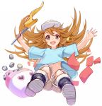  :d bizure: black_footwear blue_shirt boots brown_eyes brown_hair flag floating_hair full_body hataraku_saibou highres holding holding_flag long_hair looking_at_viewer open_mouth outstretched_arm platelet_(hataraku_saibou) shirt short_shorts short_sleeves shorts simple_background smile solo very_long_hair white_background white_hair white_shorts 