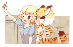  ;d absurdres animal_ears bare_shoulders blonde_hair blue_shirt brown_eyes cat_ears cat_tail cellphone commentary elbow_gloves enk_0822 extra_ears gloves green_eyes highres kemono_friends looking_away mewhan mole mole_under_mouth multiple_girls one_eye_closed open_mouth phone profile sand_cat_(kemono_friends) seiyuu_connection self_shot shirt short_hair short_sleeves sleeveless sleeveless_shirt smile t-shirt tail white_shirt 