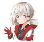  ame. azur_lane bangs black_shirt blue_eyes blush closed_mouth commentary_request denver_(azur_lane) eyebrows_visible_through_hair gloves grey_hair hair_between_eyes hand_up jacket long_hair long_sleeves low_twintails red_gloves shirt sidelocks simple_background sketch smile solo twintails white_background white_jacket 