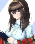  bangs black_hair blue_eyes blue_sweater blush book breasts closed_mouth commentary_request diadem hair_between_eyes holding holding_book i.f.s.f idolmaster idolmaster_cinderella_girls jewelry large_breasts long_hair looking_at_viewer necklace pendant ribbed_sweater sagisawa_fumika shawl smile solo sweater turtleneck turtleneck_sweater 