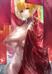  bare_shoulders blonde_hair braid breasts closed_mouth commentary_request covering covering_breasts fate/grand_order fate_(series) french_braid green_eyes hair_between_eyes hair_bun hair_intakes highres large_breasts looking_at_viewer nero_claudius_(fate) nero_claudius_(fate)_(all) nude red_ribbon red_robe ribbon see-through signo_aaa smile thighs 
