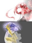  androgynous bangs blue_eyes blue_hair blunt_bangs colored_eyelashes crying crying_with_eyes_open crystal_hair easty gem_uniform_(houseki_no_kuni) golden_arms holding_head houseki_no_kuni long_bangs multiple_others phosphophyllite phosphophyllite_(ll) red_eyes red_hair see-through shinsha_(houseki_no_kuni) short_hair spoilers tears upper_body white_skin 