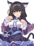  animal_ears animal_hood bangs black_hair blue_bow blue_dress blue_eyes blue_ribbon blush bow breasts brooch capelet cat_ears cat_tail commentary_request corset crescent crescent_moon_pin cross-laced_clothes diadem dress eyebrows_visible_through_hair frills hair_between_eyes halloween_costume hood idolmaster idolmaster_cinderella_girls jewelry large_breasts long_hair looking_at_viewer open_mouth paw_pose ribbon sagisawa_fumika simple_background smile solo spider_web_print tail underbust white_background yabudatami 