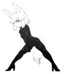  animal_humanoid bodysuit breasts canine clothed clothing dipstick_tail female footwear fox_humanoid greyscale hair high_heels humanoid inner_ear_fluff mammal monochrome multicolored_tail sakifox shoes short_hair skinsuit solo spread_legs spreading tight_clothing 