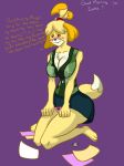  2018 animal_crossing anthro big_breasts blush breasts butt button_popping canine cleavage clothed clothing cronum dialogue embarrassed erect_nipples female fur hair huge_breasts humanoid isabelle_(animal_crossing) mammal nintendo nipple_bulge nipples panties simple_background smile thick_thighs underwear video_games wide_hips 