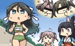  &gt;_&lt; :3 alternate_costume animal animal_on_head bar_censor bare_arms bare_shoulders black_hair blue_eyes blue_hair bunny bunny_on_head censored clenched_hands closed_eyes commentary_request contemporary crop_top dated detached_sleeves eyebrows_visible_through_hair floral_print flying_sweatdrops fusou_(kantai_collection) gradient_hair hachimaki hair_between_eyes hair_bobbles hair_flaps hair_ornament hair_ribbon hamu_koutarou headband headgear height_difference highres identity_censor japanese_clothes kantai_collection katsuragi_(kantai_collection) long_hair looking_at_another looking_to_the_side midriff motion_lines multicolored_hair multiple_girls name_tag navel nontraditional_miko on_head open_mouth outdoors pink_hair red_eyes remodel_(kantai_collection) ribbon running sazanami_(kantai_collection) short_hair spoken_character sportswear stomach sweatdrop tank_top thumbs_up track_uniform twintails x_navel zui_zui_dance zuihou_(kantai_collection) zuikaku_(kantai_collection) 