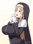  1girl blonde_hair blush breast_squeeze breasts character_request copyright_request darkmaya eyes_closed gloves habit hands_together highres large_breasts long_hair nun open_mouth praying signature simple_background solo upper_body white_background white_gloves 