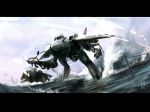  commentary f-14_tomcat firing gerwalk macross mecha muzzle_flash no_humans ocean prototype realistic revision science_fiction shell_casing sky ukitakumuki variable_fighter water 