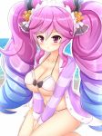  bangs beach bell bikini blush bow breasts cleo_(dragalia_lost) closed_mouth collarbone day dragalia_lost drill_hair eyebrows_visible_through_hair frilled_bikini frills hair_bell hair_between_eyes hair_ornament jacket kane-neko large_breasts long_hair looking_at_viewer navel open_clothes open_jacket oppai_loli outdoors pink_eyes pink_hair sitting solo string_bikini swimsuit twintails wariza water 