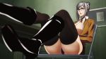  1girl animated animated_gif breasts cleavage glasses grey_hair large_breasts panties pantyshot prison_school purple_panties shiraki_meiko sitting underwear 