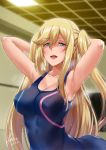  1girl armpits arms_up bare_arms bare_shoulders blonde_hair blue_eyes blurry blurry_background breasts character_request cleavage copyright_request darkmaya half-closed_eyes highres indoors large_breasts long_hair looking_at_viewer open_mouth sleeveless solo steaming_body swimsuit twintails upper_body wet 
