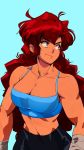  90s arm_wrap big_hair blue_background breasts collarbone commentary crop_top dark_skin david_liu english_commentary highres long_hair maria_(space_maria) midriff navel red_eyes red_hair simple_background solo space_maria spaghetti_strap toned 