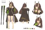  arm_at_side bangs bare_legs bare_shoulders barefoot black_coat black_dress blush brown_eyes closed_mouth coat commentary_request cropped_legs cropped_torso dress from_behind green_hair green_nails lansane legs_apart long_hair long_sleeves looking_at_viewer multiple_views nail_polish oni oni_horns open_clothes open_coat original pinafore_dress red_eyes shaded_face short_dress sidelocks simple_background smile straight_hair toenail_polish unzipped very_long_hair weapon white_background zipper_pull_tab 