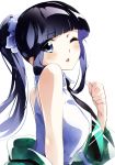  alternate_hairstyle bangs bare_shoulders black_hair blue_eyes blunt_bangs blush breasts clenched_hand collared_dress collared_shirt dress eyebrows_visible_through_hair first_high_school_uniform from_side hair_ornament hair_scrunchie long_hair looking_at_viewer looking_to_the_side mahouka_koukou_no_rettousei manatsu_natsuka necktie off_shoulder one_eye_closed open_mouth ponytail scrunchie shiba_miyuki shirt sidelocks simple_background solo upper_body white_background white_dress white_scrunchie white_shirt 