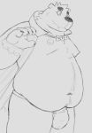  anthro bear bearly_clothed belly big_belly bow_tie bulge cape clothed clothing digital_media_(artwork) eyebrows halloween hi_res holidays kemono male mammal monochrome navel nipples overweight overweight_male simple_background sketch skimpy smile softscone solo standing thick_eyebrows thong underwear 