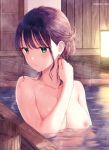  artist_name bangs bare_shoulders bathing blunt_bangs blush breasts comic_aun copyright_request green_eyes highres hiten_(hitenkei) indoors lamp large_breasts looking_away nipples nude onsen parted_lips partially_submerged purple_hair short_hair sidelocks solo steam water wet 