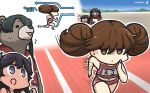  alternate_costume animal animalization bear black_hair blush brown_eyes brown_hair commentary dated directional_arrow hamu_koutarou highres i-400_(kantai_collection) jitome kantai_collection long_hair mikuma_(kantai_collection) multiple_girls name_tag no_hat no_headwear open_mouth purple_eyes running ryuujou_(kantai_collection) short_hair sparkle speed_lines twintails 