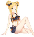  abigail_williams_(fate/grand_order) absurdres bangs bare_arms bare_legs bare_shoulders bikini black_bikini black_bow blonde_hair blue_eyes blush bow closed_mouth collarbone commentary_request double_bun emerald_float eyebrows_visible_through_hair fate/grand_order fate_(series) feet_out_of_frame forehead full_body hair_bow highres long_hair orange_bow parted_bangs polka_dot polka_dot_bow side_bun sidelocks simple_background sitting smile solo swimsuit very_long_hair white_background yukaa 