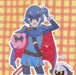  ... 5_fingers ambiguous_gender armor belt blue_clothing blue_hair blush cape clothing crown gloves group hair holding_character human kirby kirby_(series) looking_at_viewer lucina mammal mask meta_knight nintendo open_mouth plaid_background short_hair speech_bubble sword_sheath teeth tiara umarun-k v_sign video_games waddling_head yellow_eyes 