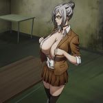 10s 1girl animated animated_gif bounce bouncing_breasts breasts cleavage glasses grey_hair large_breasts prison_school shiraki_meiko solo 