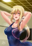  1girl armpits arms_up bare_arms bare_shoulders blonde_hair blue_eyes blurry blurry_background breasts character_request cleavage copyright_request darkmaya half-closed_eyes highres indoors large_breasts long_hair long_ponytail looking_at_viewer open_mouth ponytail sleeveless solo steaming_body swimsuit upper_body wet 