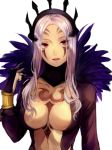  bracelet breasts bridal_gauntlets cleavage commentary_request dark_skin facial_mark feathers fire_emblem fire_emblem:_kakusei fire_emblem_heroes inverse_(fire_emblem) jewelry jurge long_hair long_sleeves medium_breasts parted_lips red_eyes silver_hair simple_background solo turtleneck upper_body white_background 