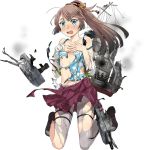  animal_print blue_camisole blush boots bow broken broken_weapon brown_hair burnt_clothes camisole covering covering_chest cross-laced_footwear damaged fish_print fujikawa full_body grey_legwear hair_ribbon hands_on_own_chest kantai_collection kazagumo_(kantai_collection) kneeling lace-up_boots light_blue_eyes long_hair looking_ahead official_art open_mouth panicking pantyhose ponytail ribbon rigging shirt smoke solo tearing_up torn_camisole torn_clothes torn_legwear torpedo_launcher transparent_background turret wavy_mouth weapon white_shirt yellow_bow 