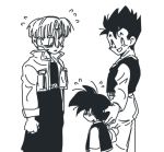 :d ^_^ arms_at_sides black_hair blush brothers closed_eyes dragon_ball dragon_ball_z facing_away height_difference jacket long_sleeves looking_down male_focus mogura_(mogura1002) monochrome multiple_boys nervous open_mouth short_hair siblings simple_background smile son_gohan son_goten spiked_hair standing sweatdrop trunks_(dragon_ball) upper_body white_background 